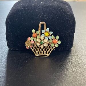 Floral Basket Brooch with Multicolored Stones